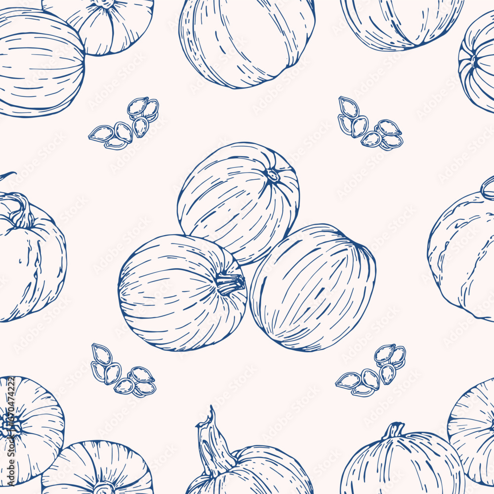 Vector seamless pattern with Pumpkin. Hand drawn textures. Elegant seamless botanical pattern for paper, fabric, wallpaper, surface design Vector seamless pattern with Pumpkin. Hand drawn textures. Elegant seamless botanical pattern for paper, fabric, wallpaper, surface design