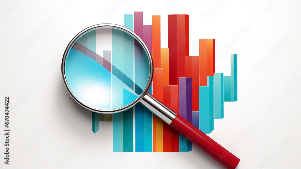 Illustration of a magnifying glass and blue, red, orange, and purple graph on a white background. Search, success, growth, progress. Illustration of a magnifying glass and blue, red, orange, and purple graph on a white background. Search, success, growth, progress.