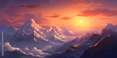 Amazing sunset in snow mountains
