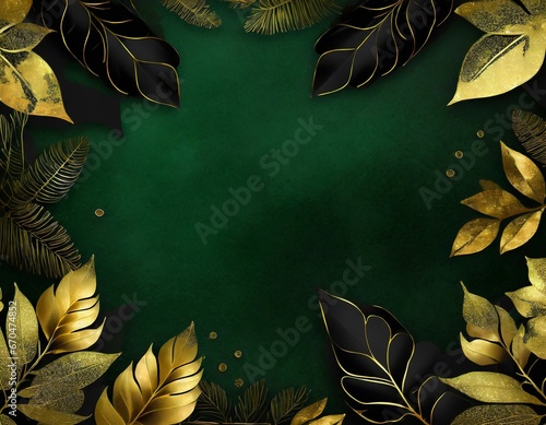green jungle background illustration with  green and golden leaves and blank copy space