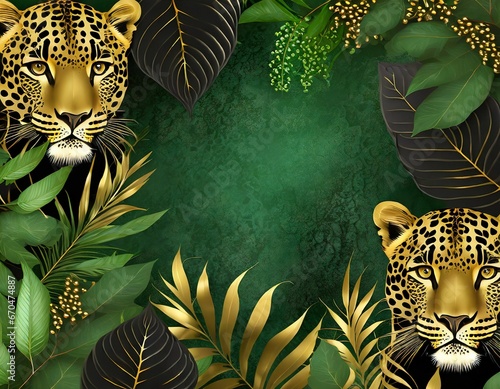 green jungle background illustration with  green and golden leaves, leopards and copy space in the middle