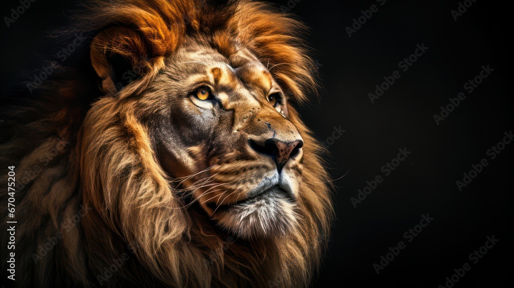 Closeup of a male lions head on black background created with Generative AI