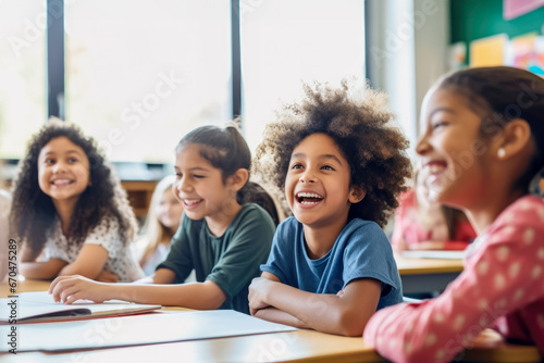 Learning, education and studying. Smiling happy schoolchildren in cozy classroom. Development and happy kids. Concept of diversity children in classroom and pleasure education
