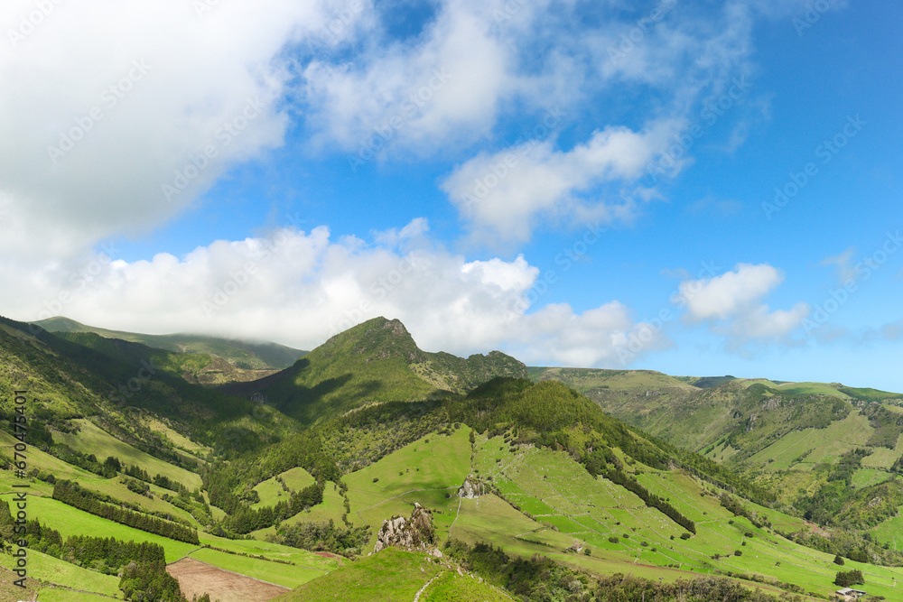 Fototapeta premium Island of Flores. Island of water. Portuguese Jurassic Park.Hills covered with vegetation.