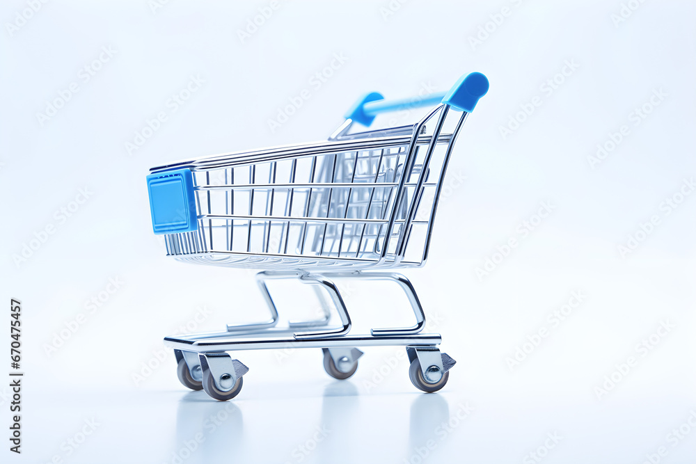Empty blue shopping cart isolated on white background