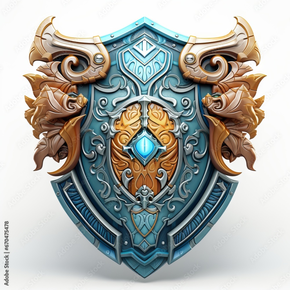 3D shield with a fantasy theme, including magical runes and symbols ...