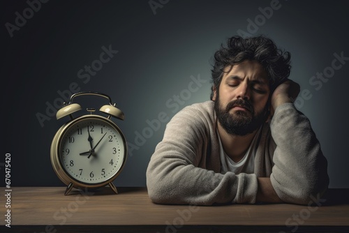 Tired man with insomnia problem and alarm clock. Sleep disorder stress night. Generate Ai photo