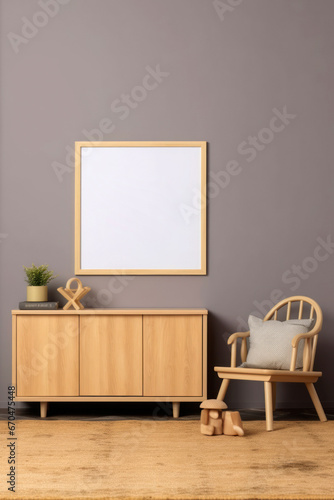 Mockup frame in children bedroom with wicker furniture, Copy space. AI Generative