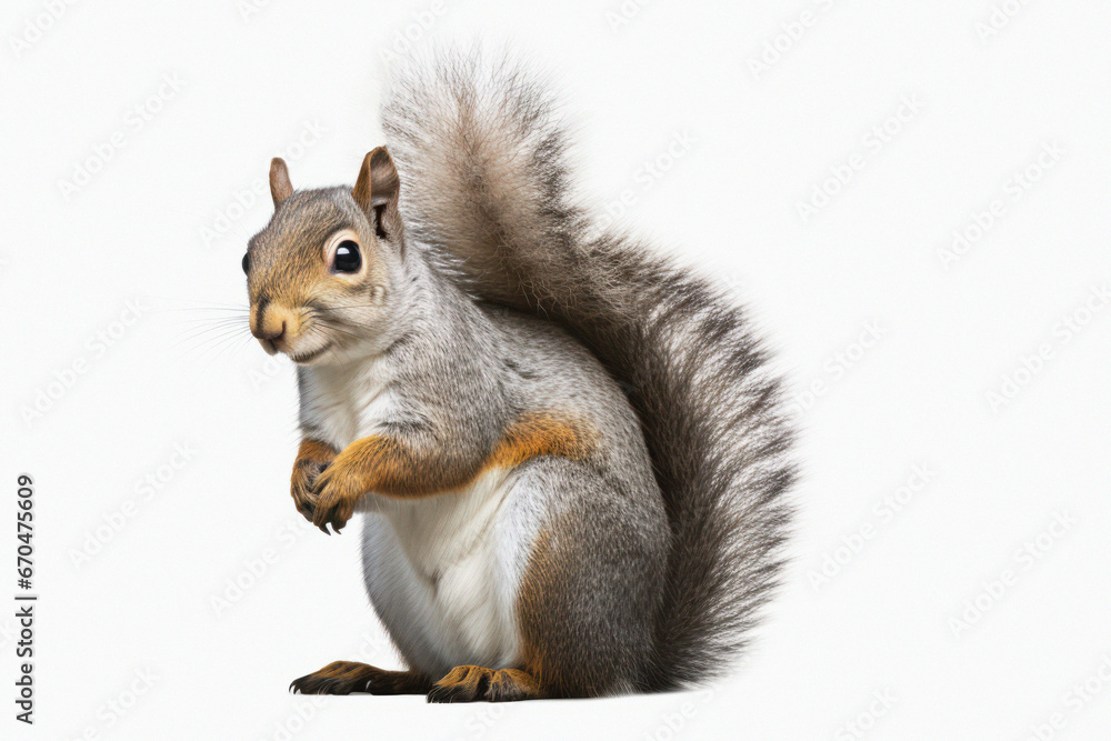 Fototapeta premium Gray squirrel Sciurus carolinensis cut out, grey squirrel Sciurus carolinensis isolated on a white background