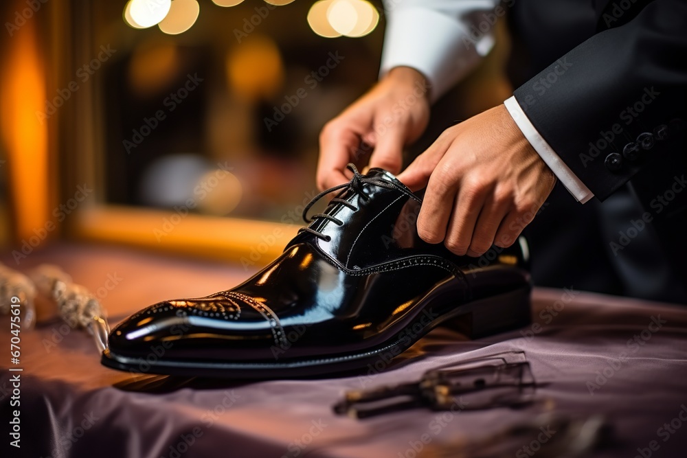 illustration of The grooms wedding shoes being shined to a glossy, Generative ai - obrazy, fototapety, plakaty 