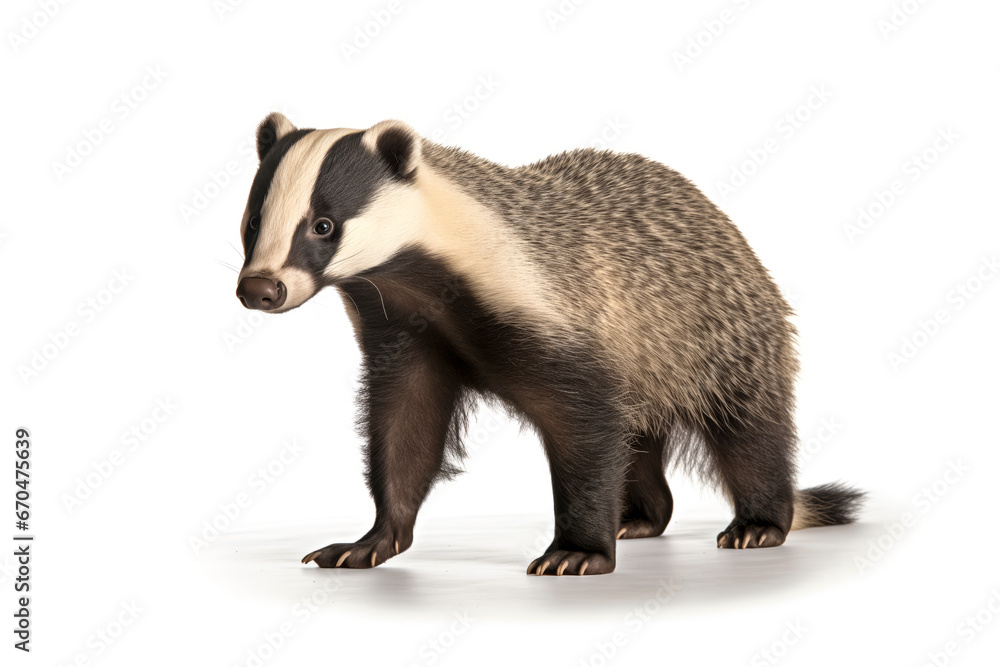 Eurasian badger Meles meles cut out and isolated on a white background, European badger UK Eurasian badger Meles meles cut out and isolated on a white background, European badger UK