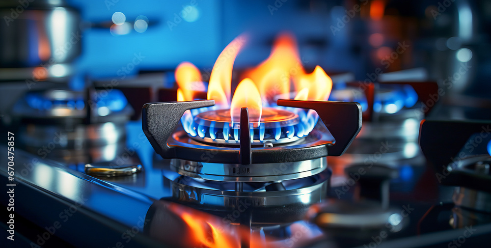 Gas flame on the stove, ban gas. A gas stove with a flame burning propane. The concept of industrial resources and economy. - obrazy, fototapety, plakaty 