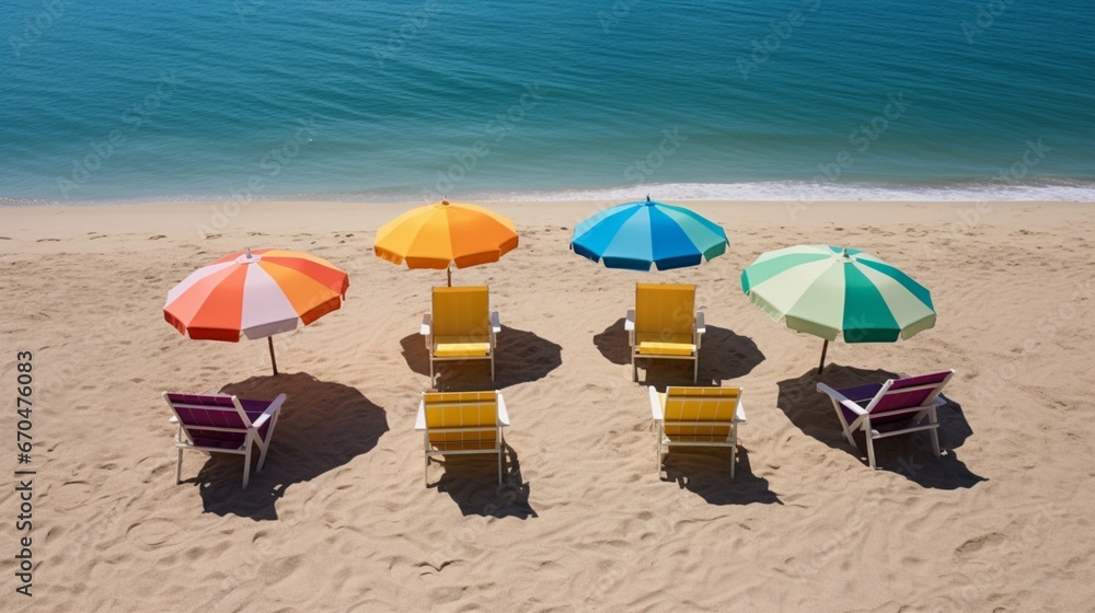 A playful setting of chairs circled under a large beach umbrella, as if anticipating a gathering of friends.
