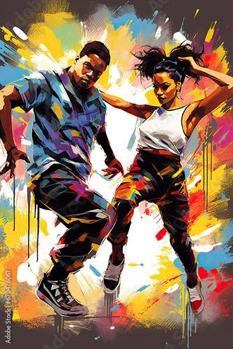 teenage black boy and girl dancing hip hop style, grafitti background, illustration