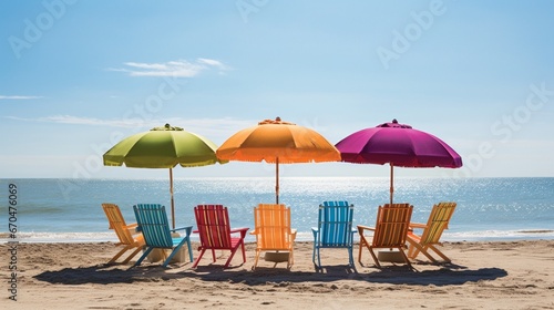 A playful setting of chairs circled under a large beach umbrella  as if anticipating a gathering of friends.