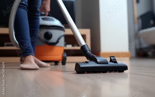 A close - up shot of a homemaker operating an electric vacuum cleaner in her living room. Generative AI