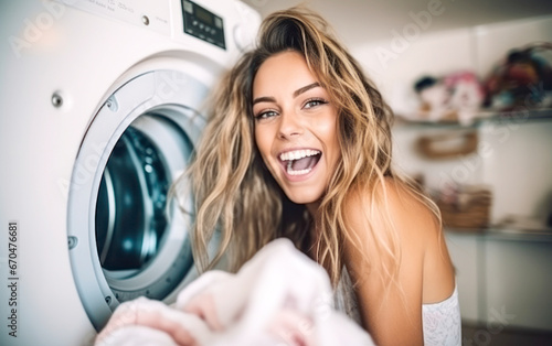 woman putting dirty laundry into the laundry machine. Generative ai photo