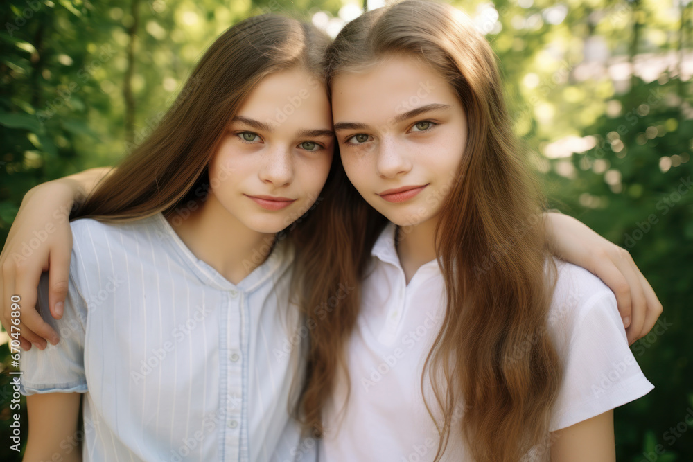 Two young pretty smiling female in summer clothes sitting on garden bench outdoors. AI Generative