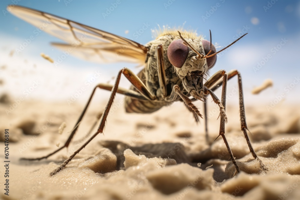 Fototapeta premium Closeup of a fly on a sand, leishmaniasis desease transmitter concept