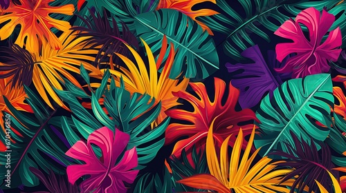 Bright tropical background with jungle plants. Exotic