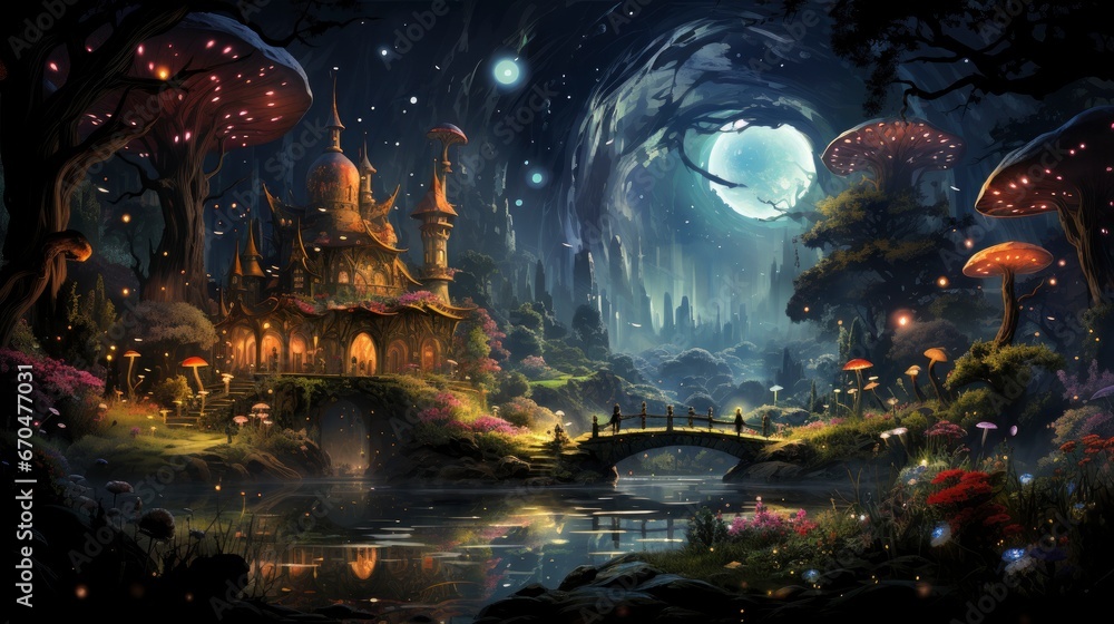 Obraz premium Enchanted forest glows with luminescent mushrooms, serene stream, and magical flora under a twilight canopy.