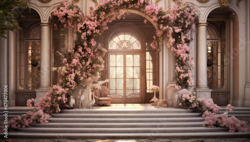 Beautiful entrance way with flowers and steps. Entrance to house.