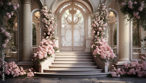Beautiful entrance way with flowers and steps. Entrance to house. © Ruslan Gilmanshin