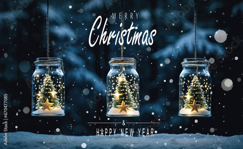 Christmas tree in glass jar decoration. Merry christmas and new year greeting card with text Calligraphic