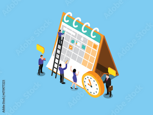 People work in deadline mode. Filling the calendar with tasks isometric 3d vector illustration concept