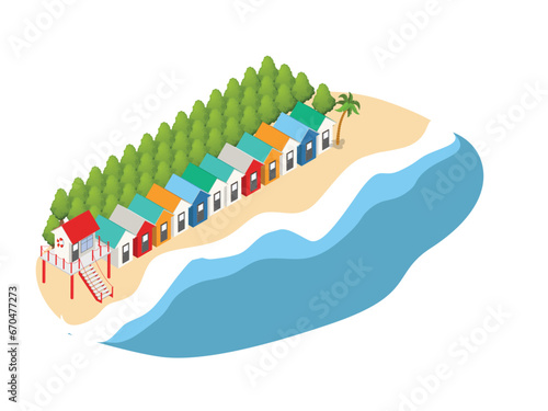Colorful beach houses, Huts and bungalow on sandy beach isometric 3d vector illustration concept
