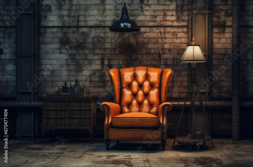 Retro brown leather armchair on the wall background. Copy space. Vintage interior.