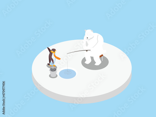 White bear and penguin fishing isometric 3d vector illustration concept