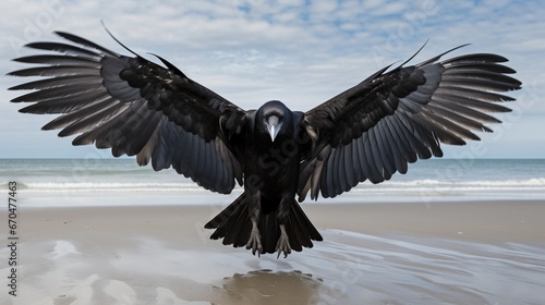 A raven, wings spread, caught in a majestic dance pose against the pale beach horizon.