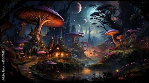 Enchanted forest glows with luminescent mushrooms, serene stream, and magical flora under a twilight canopy.