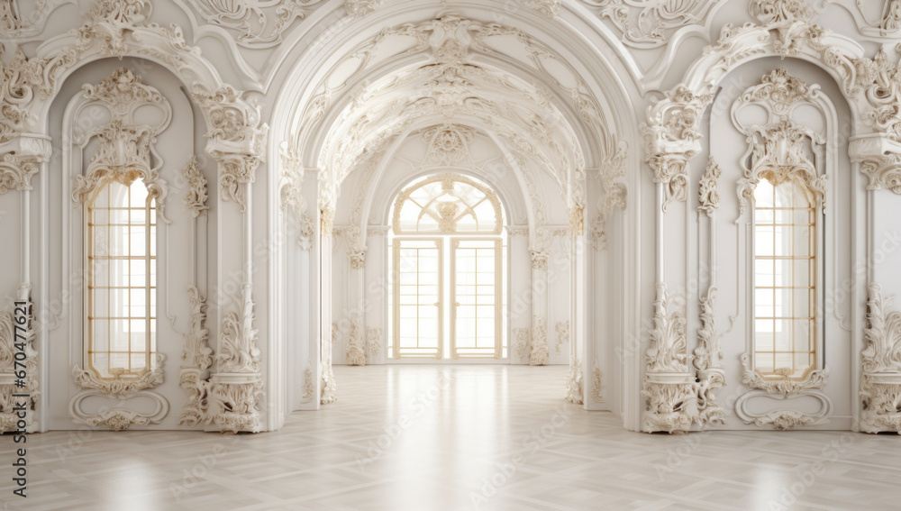 Luxurious royal interior, light walls decorated with stucco molding, expensive chandelier on the ceiling and white and large windows. - obrazy, fototapety, plakaty 
