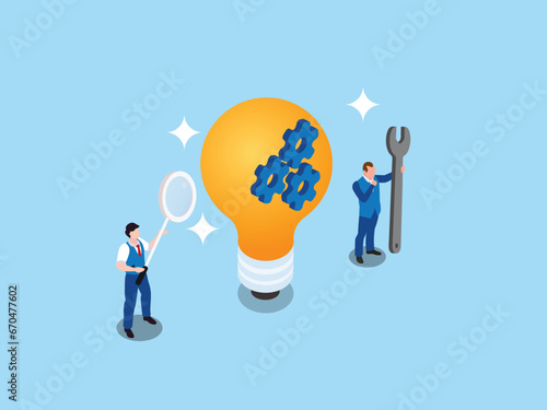 Business partnership, teamwork and business process control isometric 3d vector illustration concept