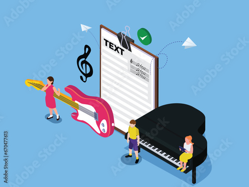 Piano and electric guitar music lesson for children isometric 3d vector illustration concept