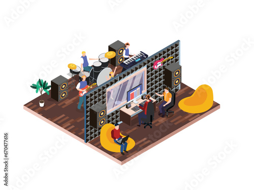 Band recording songs in a music studio isometric 3d vector illustration concept