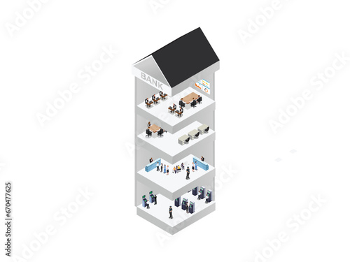 Interior of bank building with customer services, atm machines, and staff meeting isometric 3d vector illustration concept