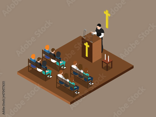 Pastor preaching in a church isometric 3d vector illustration concept