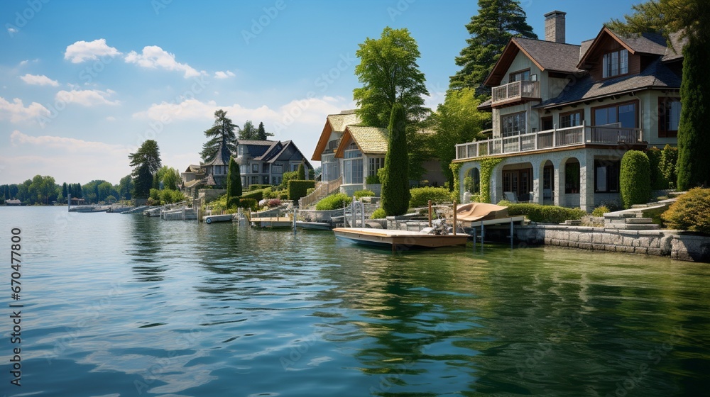 houses on the lake with green trees generated by AI tool 