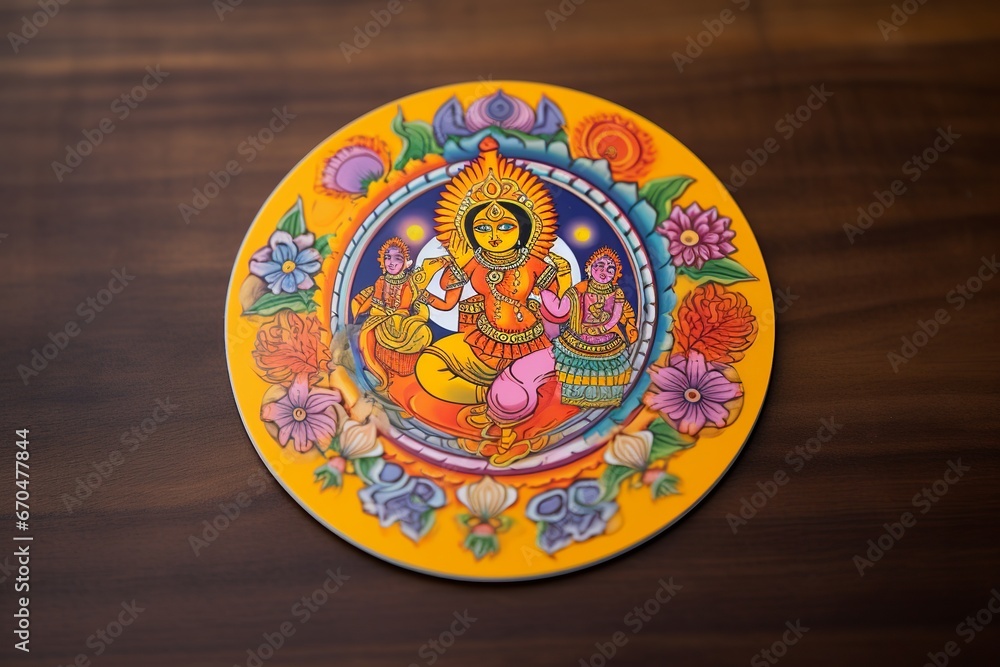 illustration of Vibrant sticker in Indian folk art with orange yellow, Generative ai
