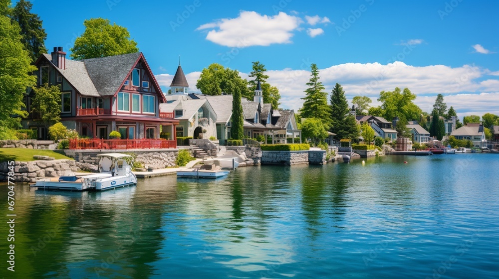 houses on the lake with green trees generated by AI tool 