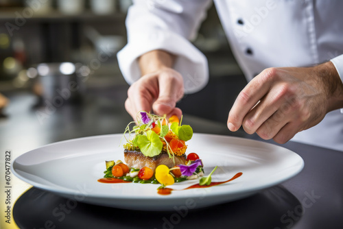 Close up healthy and delicious fish food on white plate at luxury restaurant. Chef making and decoration food of eatables flowers. Beautiful fish food on plate in michelin star restaurant photo
