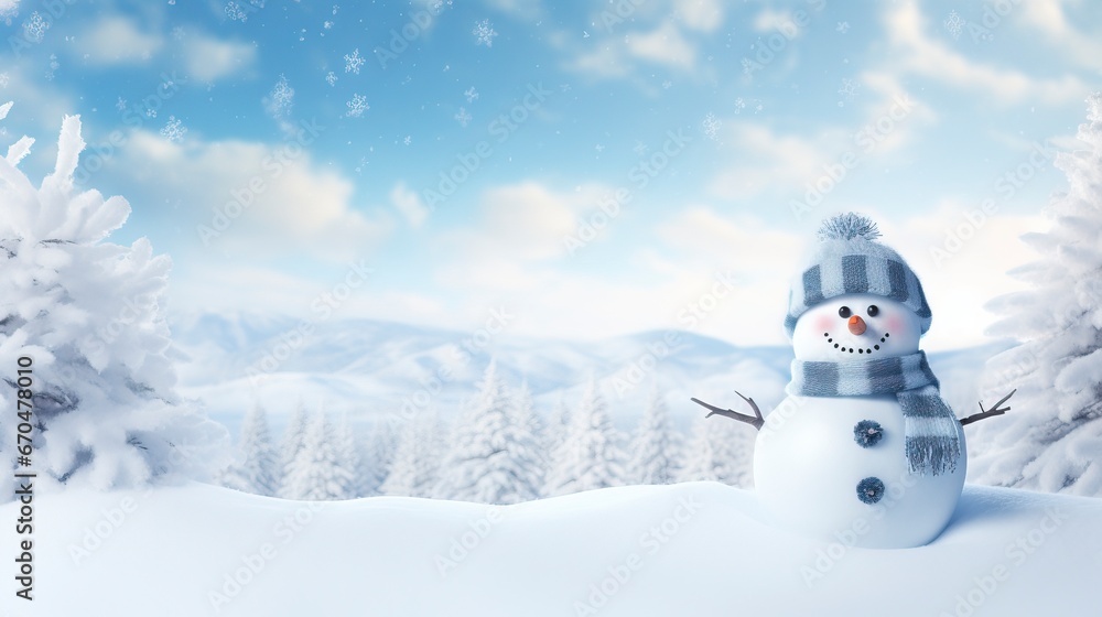 Panoramic view of happy snowman in winter secenery with copy space, generative ai