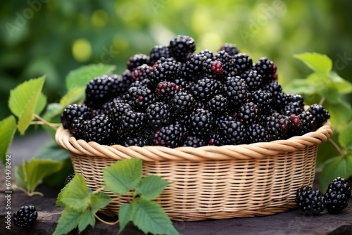Wicker basket with ripe blackberries outdoors. Ripe nature sweet seasonal bush. Generate Ai