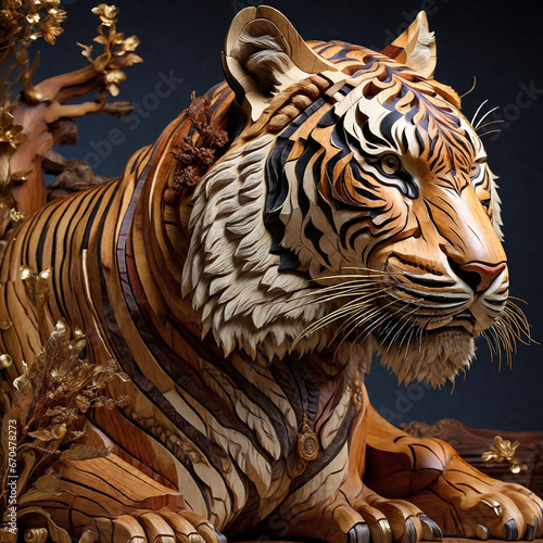 tiger in the forest made using wood