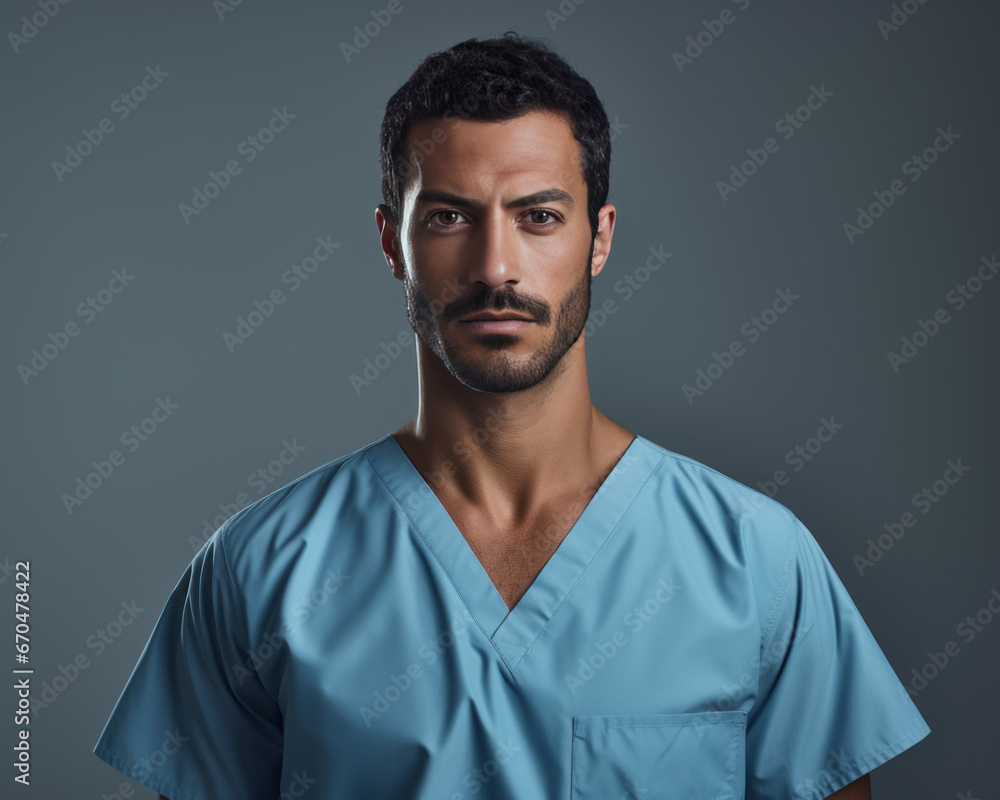 Fototapeta premium Portrait of young male medical staff in green uniform. Medical healthcare doctor service concept