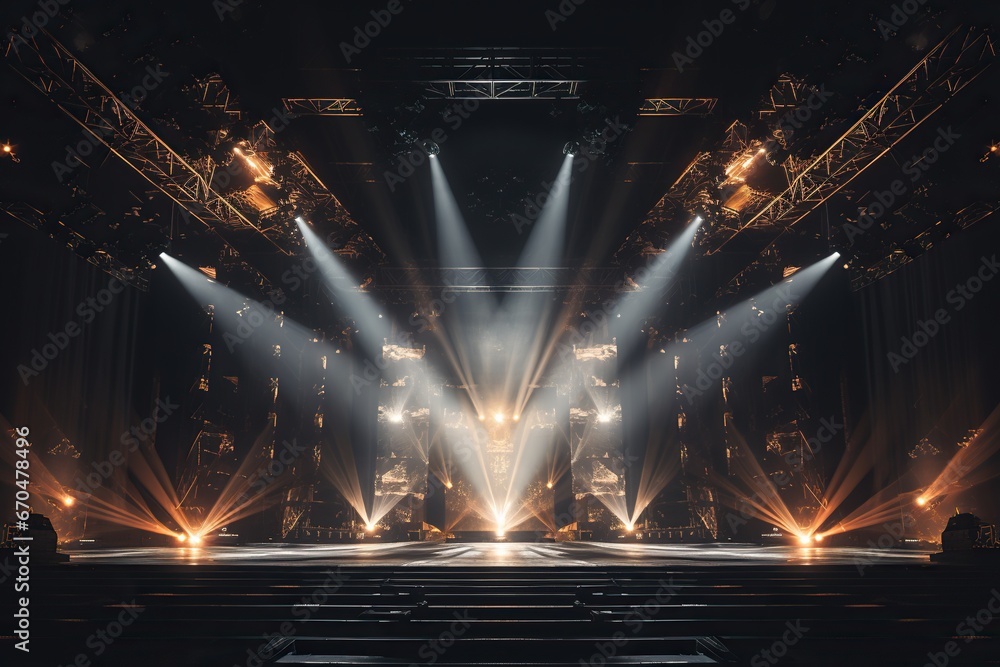 Illuminated spotlights on a concert stage in a dark room. - obrazy, fototapety, plakaty 