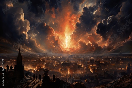 A group of people on a hill overlooking a burning city under a spectacular sky. The concept of wars and destruction.